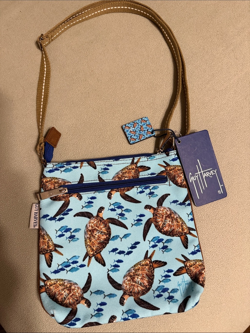 Guy Harvey Turquoise Sea Turtle Crossbody Bag with Brown Accents